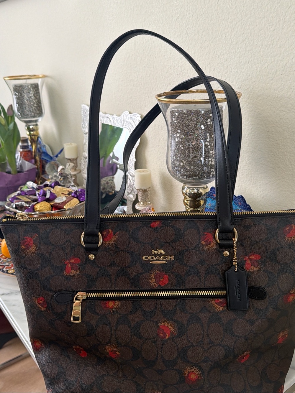 Coach Brown Signature Monogram Tote with Red Floral Accents - Picture 6 of 15